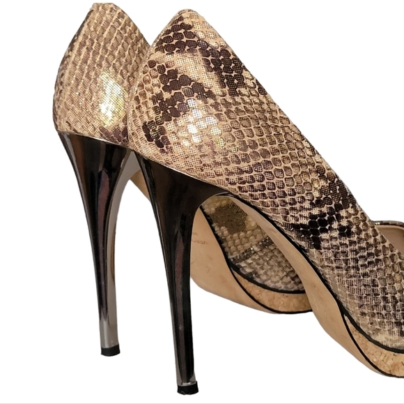GUISEPPE Zanotti Peep-toe Pump Gold Snake Cork Platform Mirror Heels - Picture 4 of 9